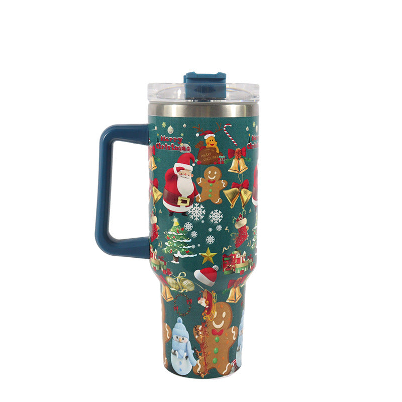 New Christmas Pattern Mug With Handle Lid Straw Drinkware Stainless Steel Vacuum Tumbler Large Capacity Car Travel Cup for Water, Iced Tea or Coffee, Smoothie and More