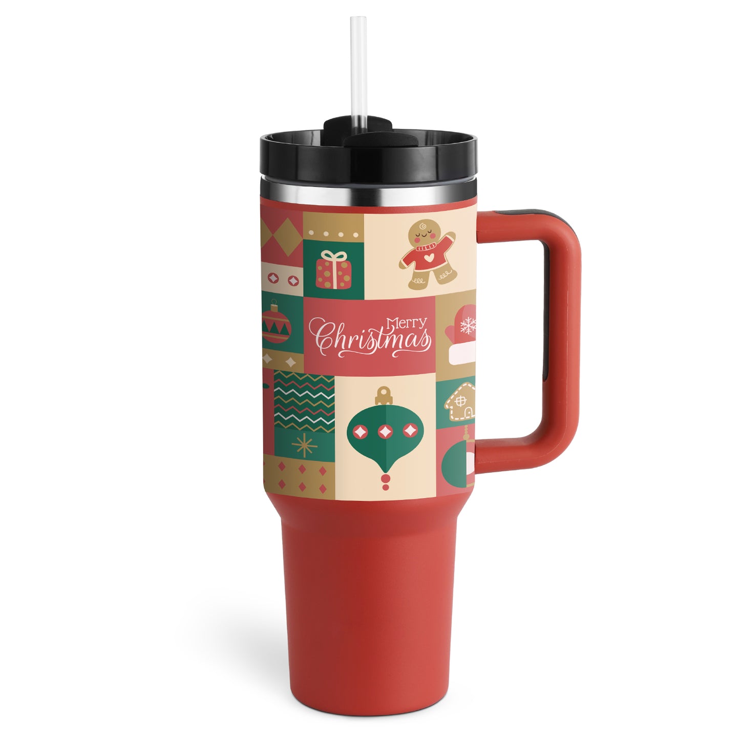 Christmas Thermal Mug 40oz Straw Coffee Insulation Cup With Handle and Straw Portable Car Stainless Steel Water Bottle Large Capacity Travel BPA Free Thermal Mug
