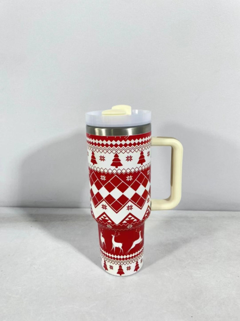 New Christmas Pattern Mug With Handle Lid Straw Drinkware Stainless Steel Vacuum Tumbler Large Capacity Car Travel Cup for Water, Iced Tea or Coffee, Smoothie and More