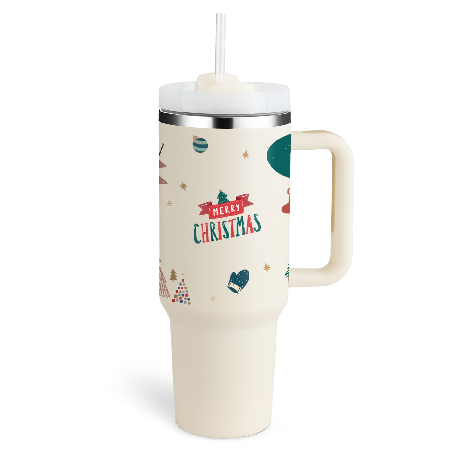 Christmas Thermal Mug 40oz Straw Coffee Insulation Cup With Handle and Straw Portable Car Stainless Steel Water Bottle Large Capacity Travel BPA Free Thermal Mug