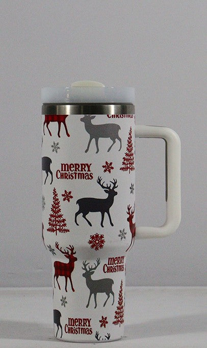 New Christmas Pattern Mug With Handle Lid Straw Drinkware Stainless Steel Vacuum Tumbler Large Capacity Car Travel Cup for Water, Iced Tea or Coffee, Smoothie and More