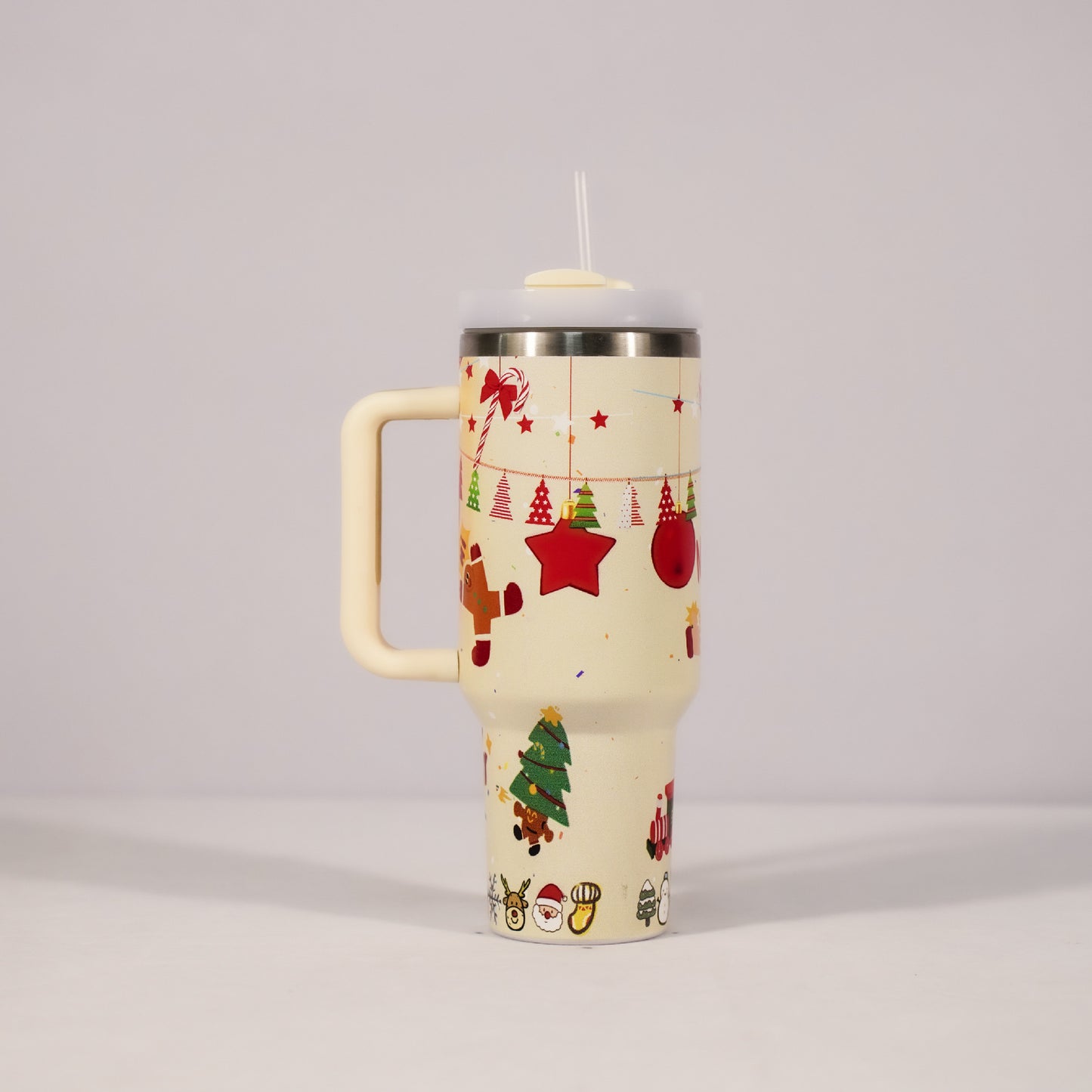 New Christmas Pattern Mug With Handle Lid Straw Drinkware Stainless Steel Vacuum Tumbler Large Capacity Car Travel Cup for Water, Iced Tea or Coffee, Smoothie and More