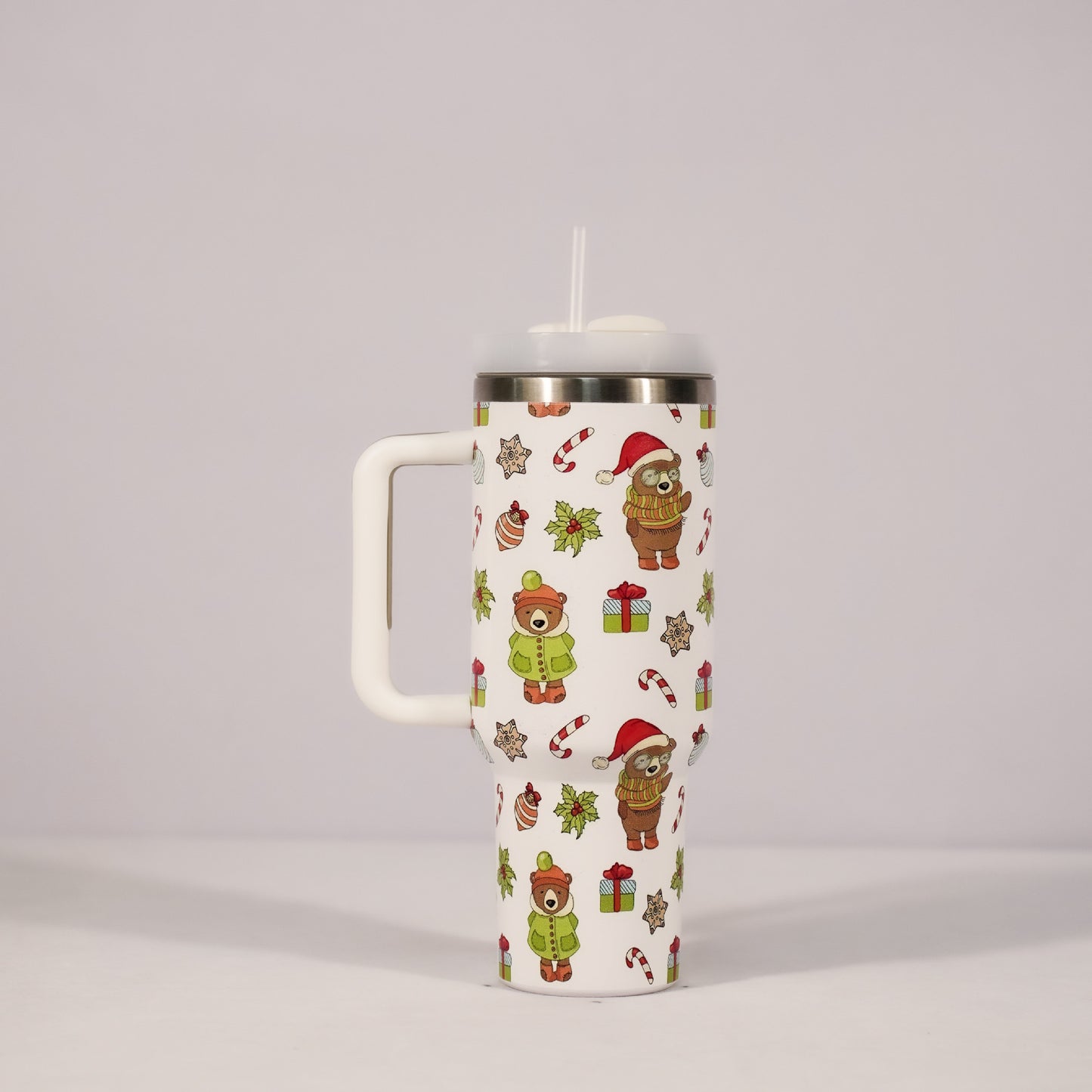 New Christmas Pattern Mug With Handle Lid Straw Drinkware Stainless Steel Vacuum Tumbler Large Capacity Car Travel Cup for Water, Iced Tea or Coffee, Smoothie and More