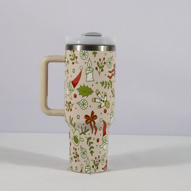 New Christmas Pattern Mug With Handle Lid Straw Drinkware Stainless Steel Vacuum Tumbler Large Capacity Car Travel Cup for Water, Iced Tea or Coffee, Smoothie and More