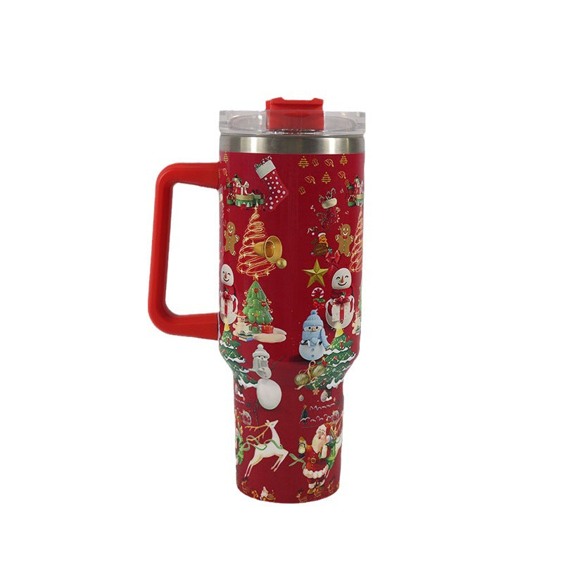 New Christmas Pattern Mug With Handle Lid Straw Drinkware Stainless Steel Vacuum Tumbler Large Capacity Car Travel Cup for Water, Iced Tea or Coffee, Smoothie and More