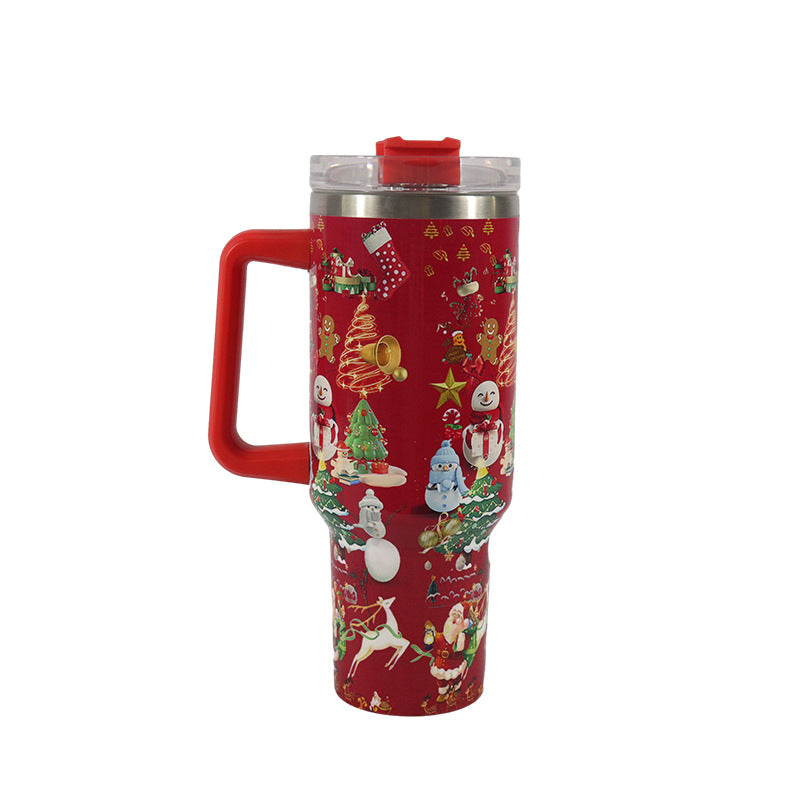 New Christmas Pattern Mug With Handle Lid Straw Drinkware Stainless Steel Vacuum Tumbler Large Capacity Car Travel Cup for Water, Iced Tea or Coffee, Smoothie and More