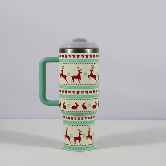New Christmas Pattern Mug With Handle Lid Straw Drinkware Stainless Steel Vacuum Tumbler Large Capacity Car Travel Cup for Water, Iced Tea or Coffee, Smoothie and More