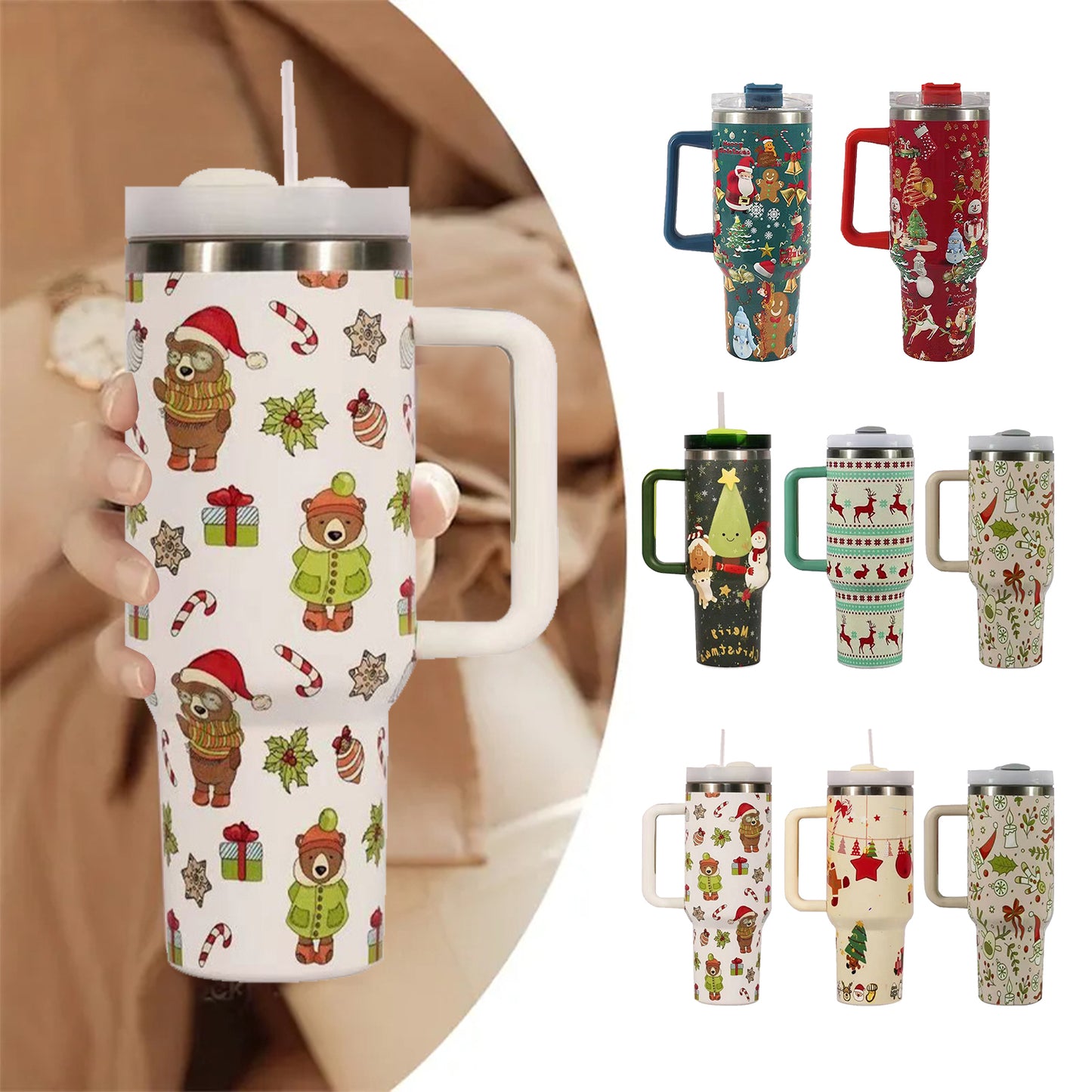 New Christmas Pattern Mug With Handle Lid Straw Drinkware Stainless Steel Vacuum Tumbler Large Capacity Car Travel Cup for Water, Iced Tea or Coffee, Smoothie and More