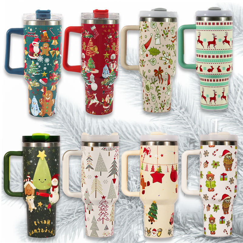 New Christmas Pattern Mug With Handle Lid Straw Drinkware Stainless Steel Vacuum Tumbler Large Capacity Car Travel Cup for Water, Iced Tea or Coffee, Smoothie and More